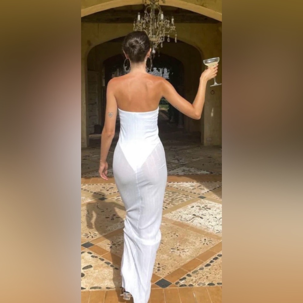 Natalie Rolt Strapless White Maxi Sheer Dress Gown Built-In Bodysuit Nwt Size 2 — image 2 of 8